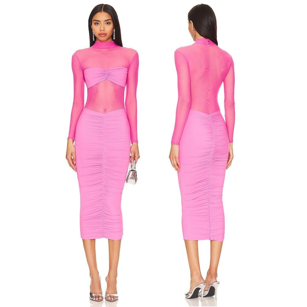 Ser.O.Ya Levina Midi Dress Sheer Ruched Mock Neck Formal Evening Prom Party S